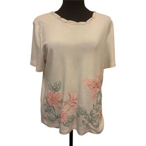 Alfred Dunner White Short Sleeve Top with Embroidery Size Medium Petite